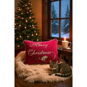 DISCOUNTED! Velvet Merry Christmas Pillow Burgundy Green & Gold Piping 17"x12"